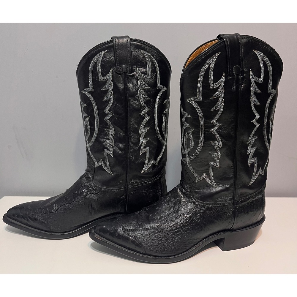 Tony Lama Mens Four Piece‎ Black Ostrich Leather Western Cowboy Boots 10D USA
